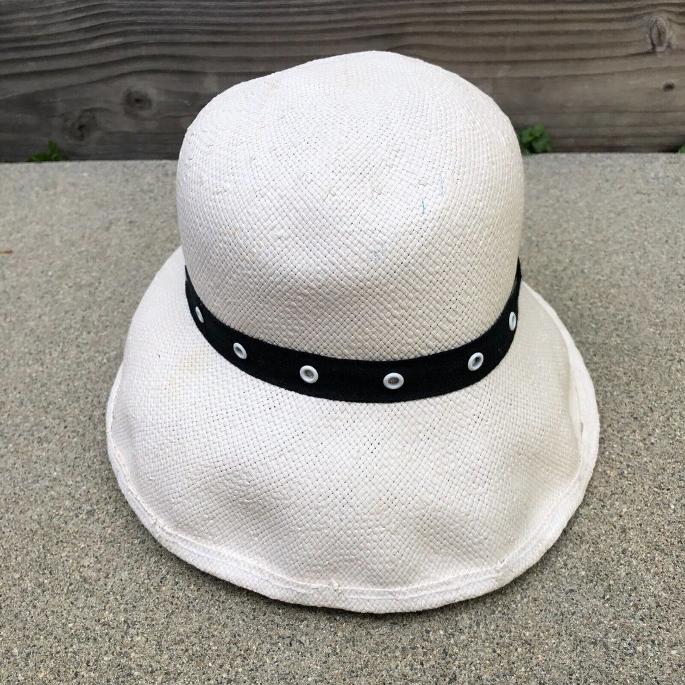 Vintage 90s IMPORTINA Cloche Hat Wide Brim Sun Cap White Beige Womens​​​​​​